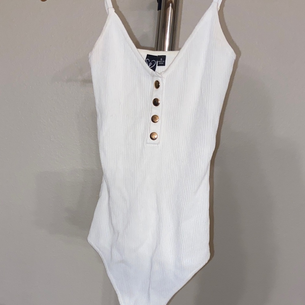 Windsor White Ribbed Bodysuit with Button Accents